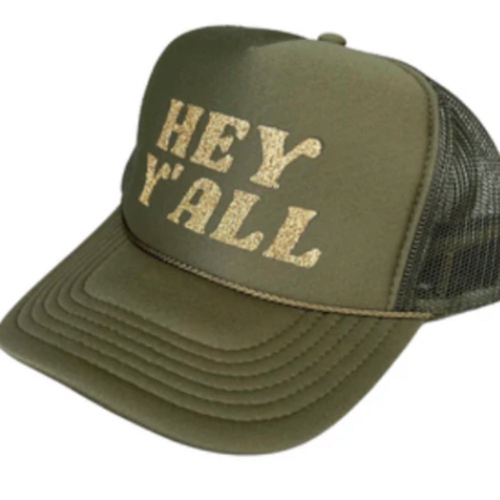 HEY Y'ALL Olive Green Trucker Hat - BRAND NEW Snap Back - Gold Glitter
